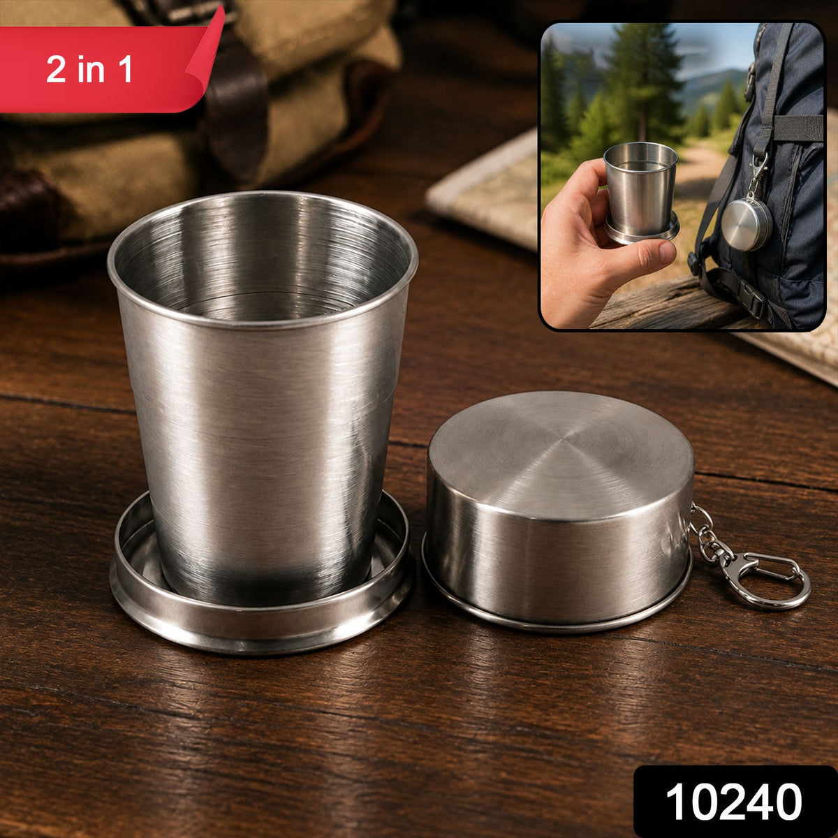 A stainless steel collapsible cup and its closed case with a keychain are on a wooden surface, with a small inset showing it