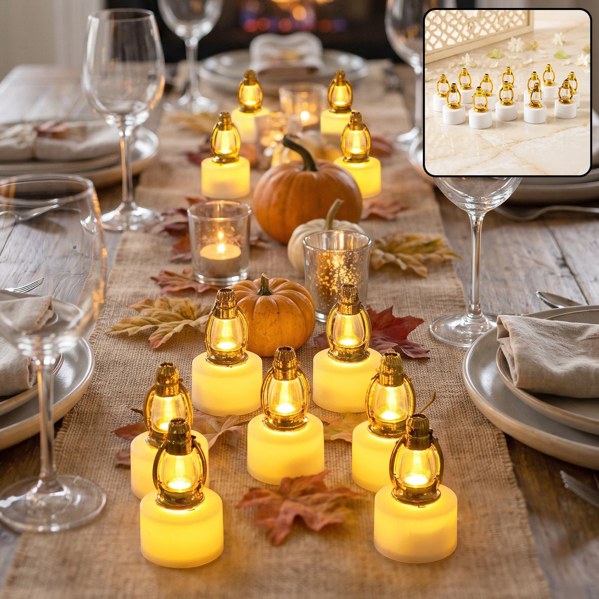 A dozen small golden lantern LED candles illuminate a rustic dining table runner adorned with autumn leaves and pumpkins.