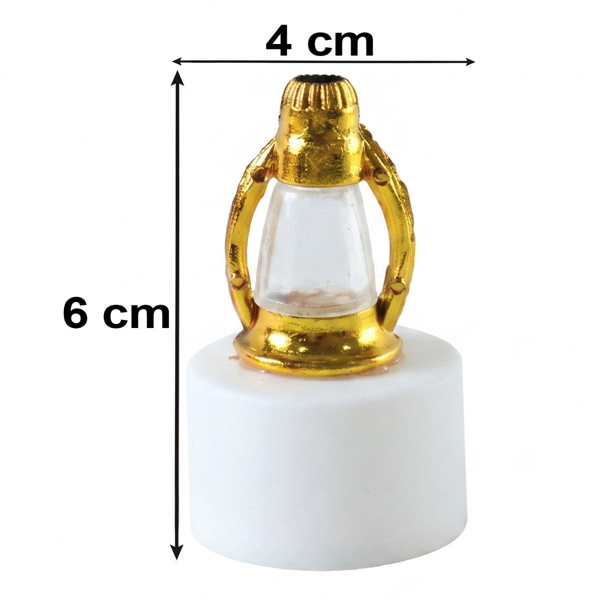A single golden lantern LED candle with a white base is shown with measurement overlays indicating 6 cm height and 4 cm