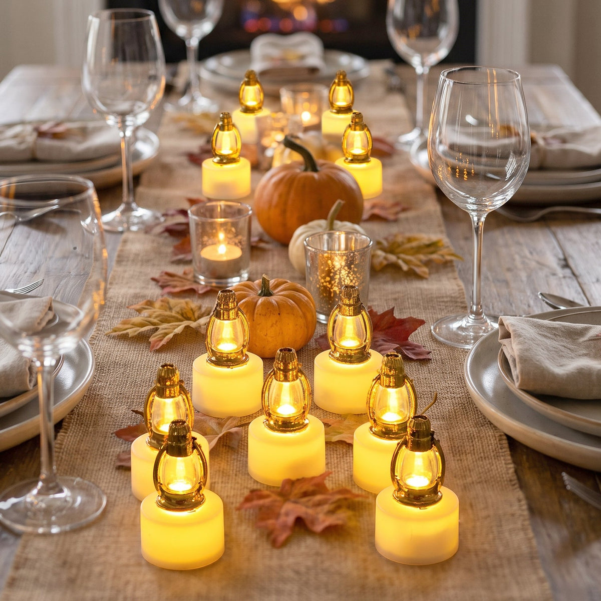A festive table setting features numerous golden lantern LED candles, creating a warm ambiance amidst wine glasses and