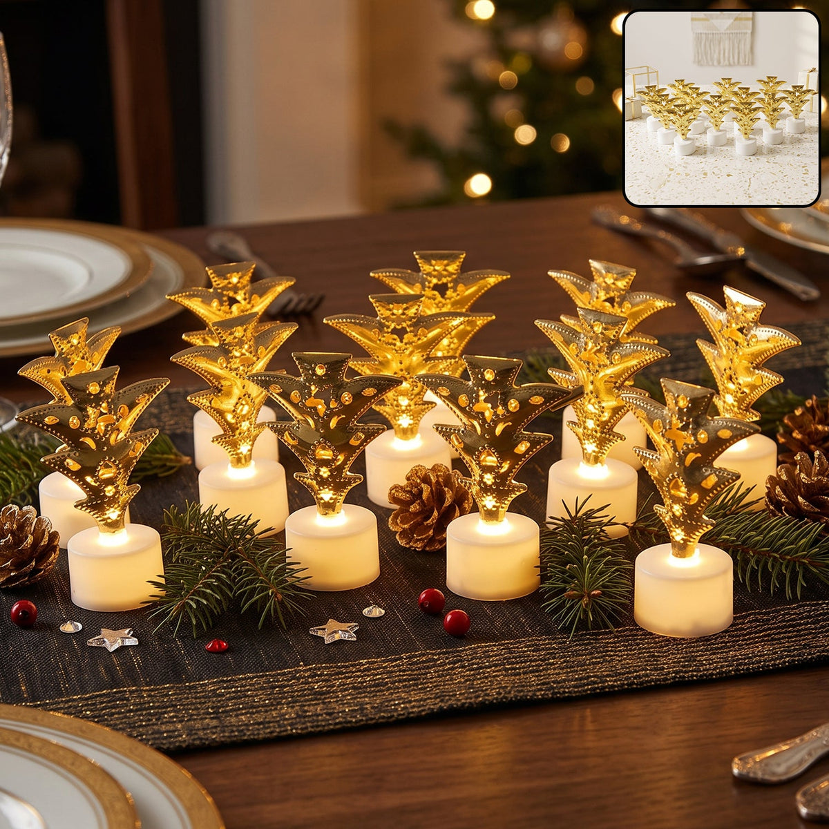 A dozen golden Christmas tree tealight candles illuminate a festive dining table with pinecones and berries.