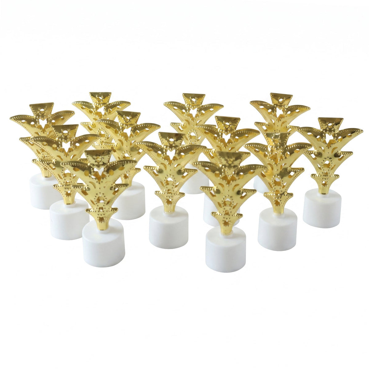 A group of twelve golden Christmas tree LED tealight candles are arranged neatly on a plain white surface.