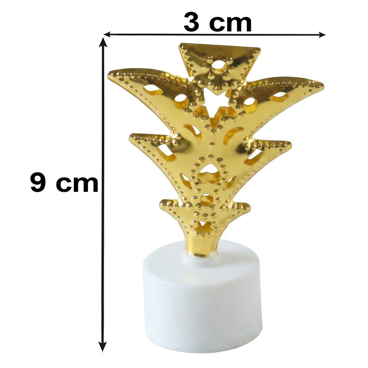 A single golden Christmas tree LED tealight candle is shown with its height and width dimensions marked.