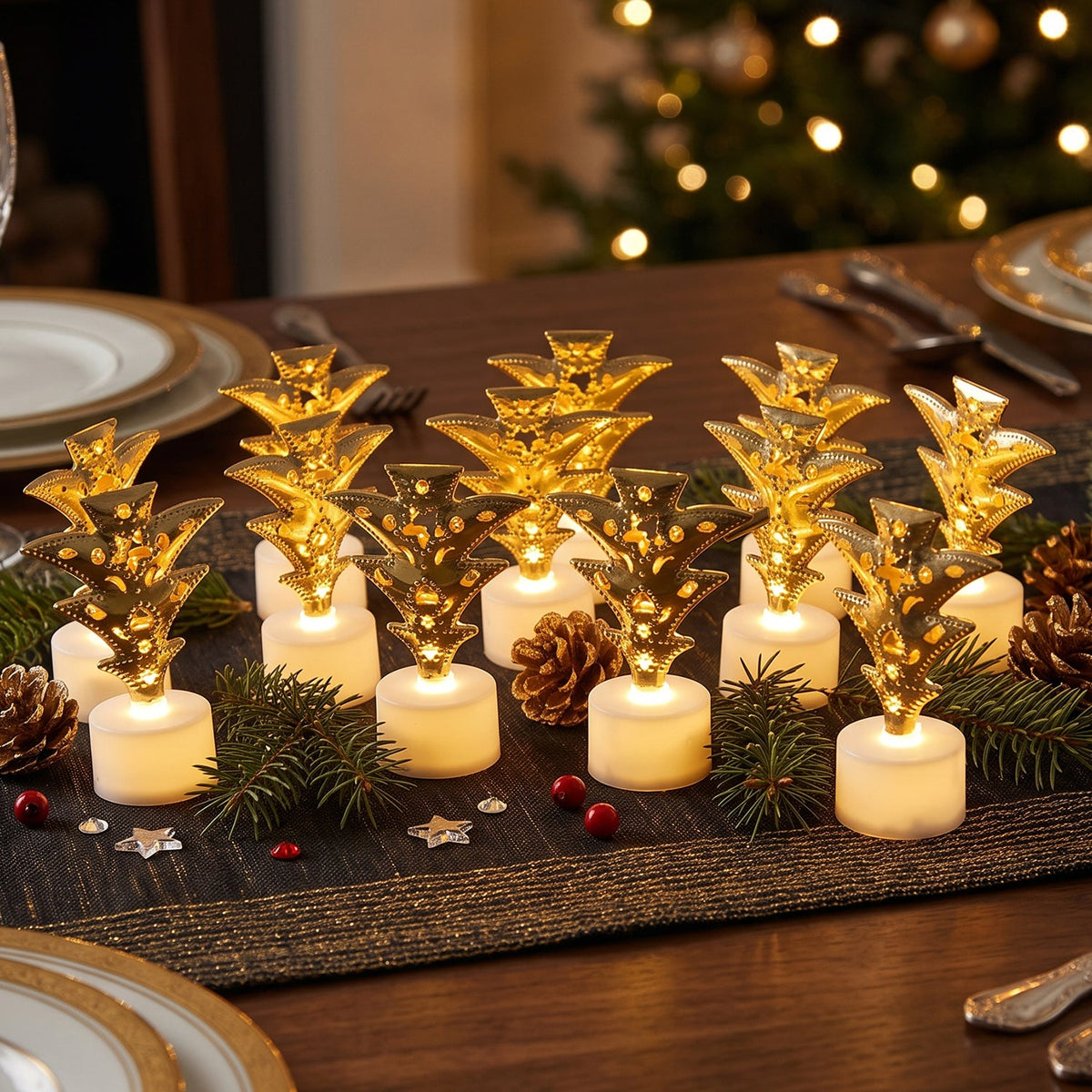 Twelve golden Christmas tree LED tealight candles illuminate a festive table setting with a blurred background.