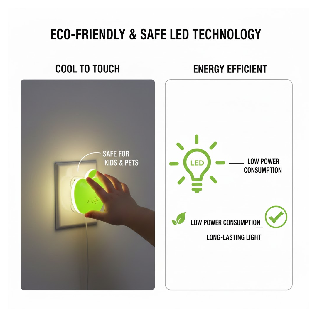 Split image showing a child's hand touching the glowing apple night light and an infographic about LED technology.