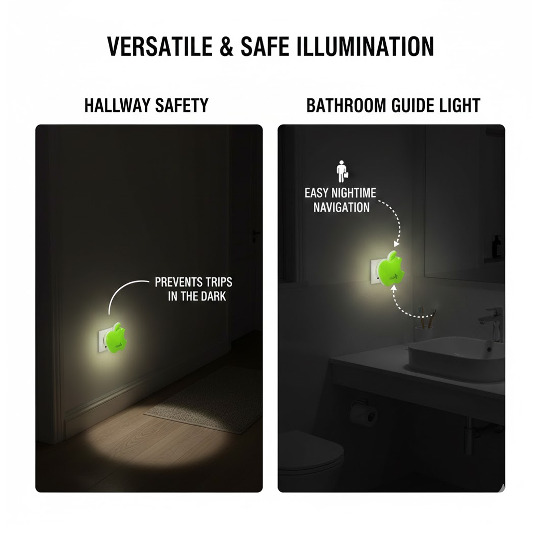 Two panels showing the green apple night light used for hallway safety and as a bathroom guide light.