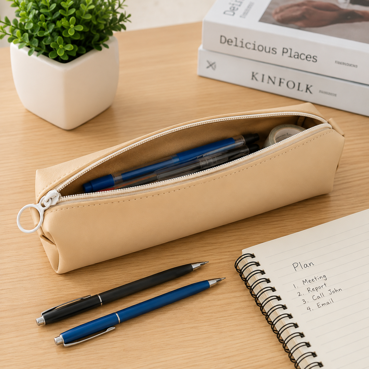 Open beige pencil case with blue and black pens, a plant, and notebook on a wooden desk.