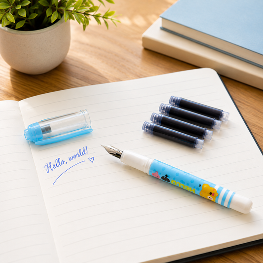 A blue and white cartoon animal fountain pen with four black ink cartridges on an open notebook.