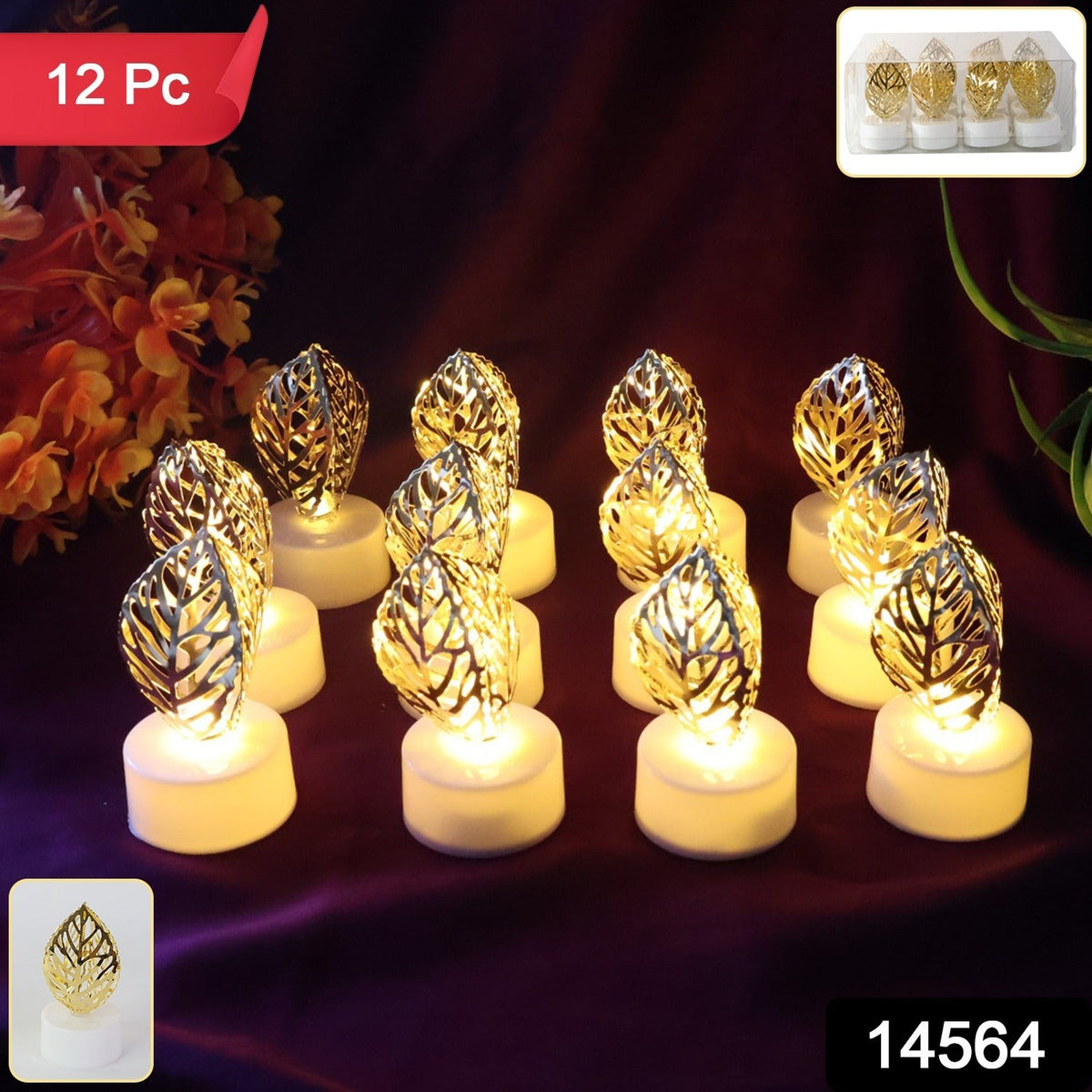 Twelve golden leaf LED candles arranged on a dark purple fabric, with a product label and packaging visible.