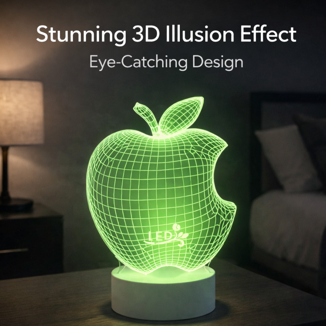 A 3D wireframe illusion of a green apple-shaped LED lamp on a white base, glowing on a bedside table.