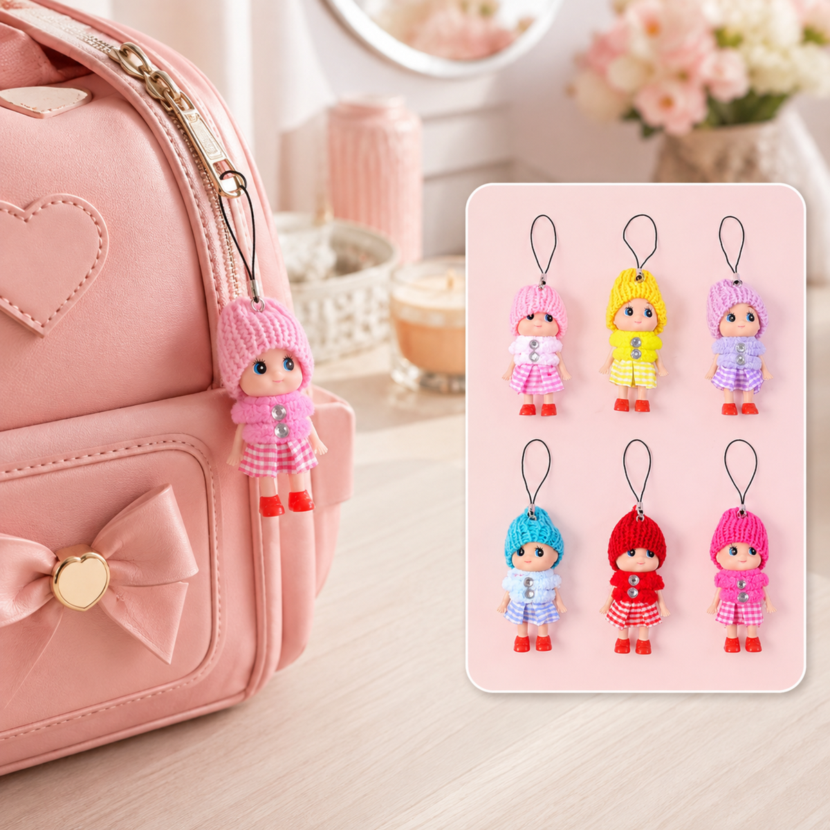 A pink doll keychain hangs from a pink backpack, with five other colorful doll keychains in the background.