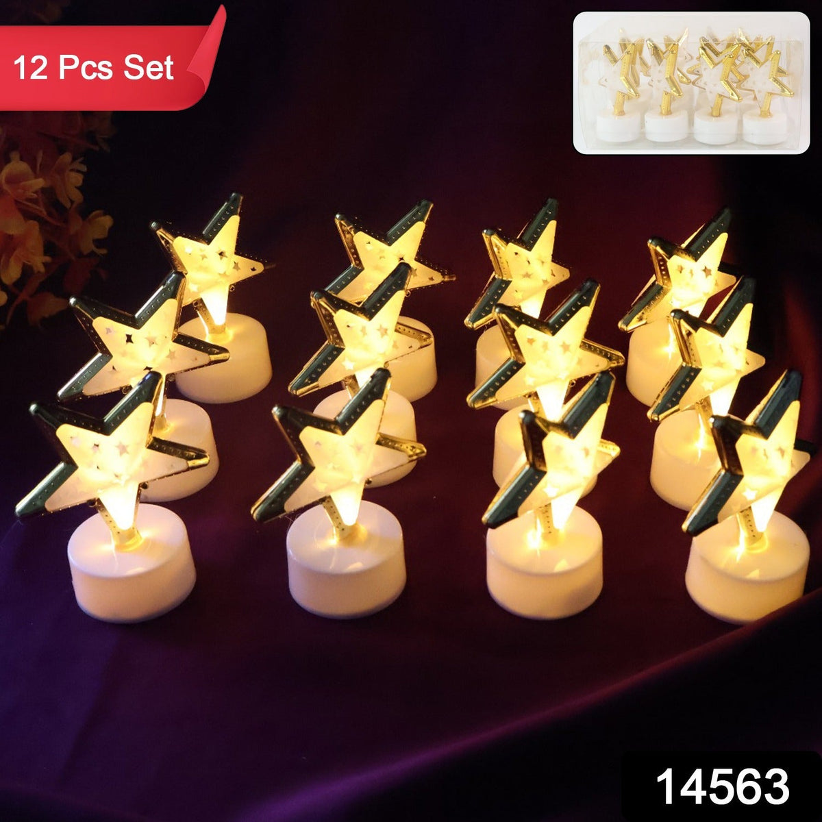 Twelve glowing star-shaped LED candles with gold frames and white bases on a purple surface, with a '12 Pcs Set' label.