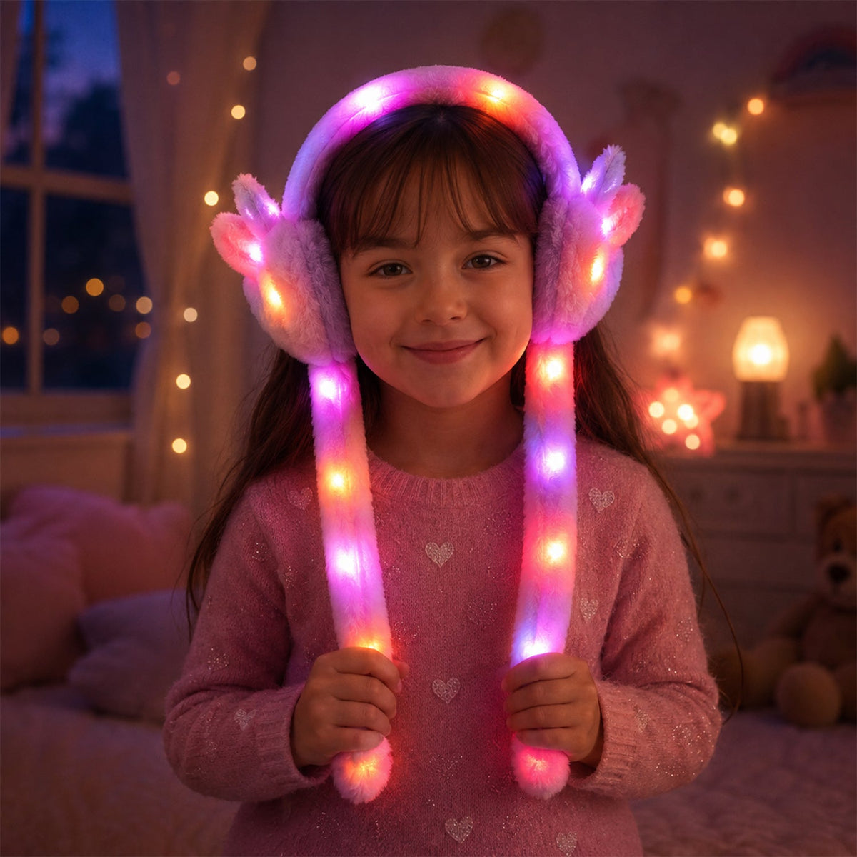 A young girl smiling brightly while wearing pink LED light-up plush bunny earmuffs with glowing long tails in a cozy