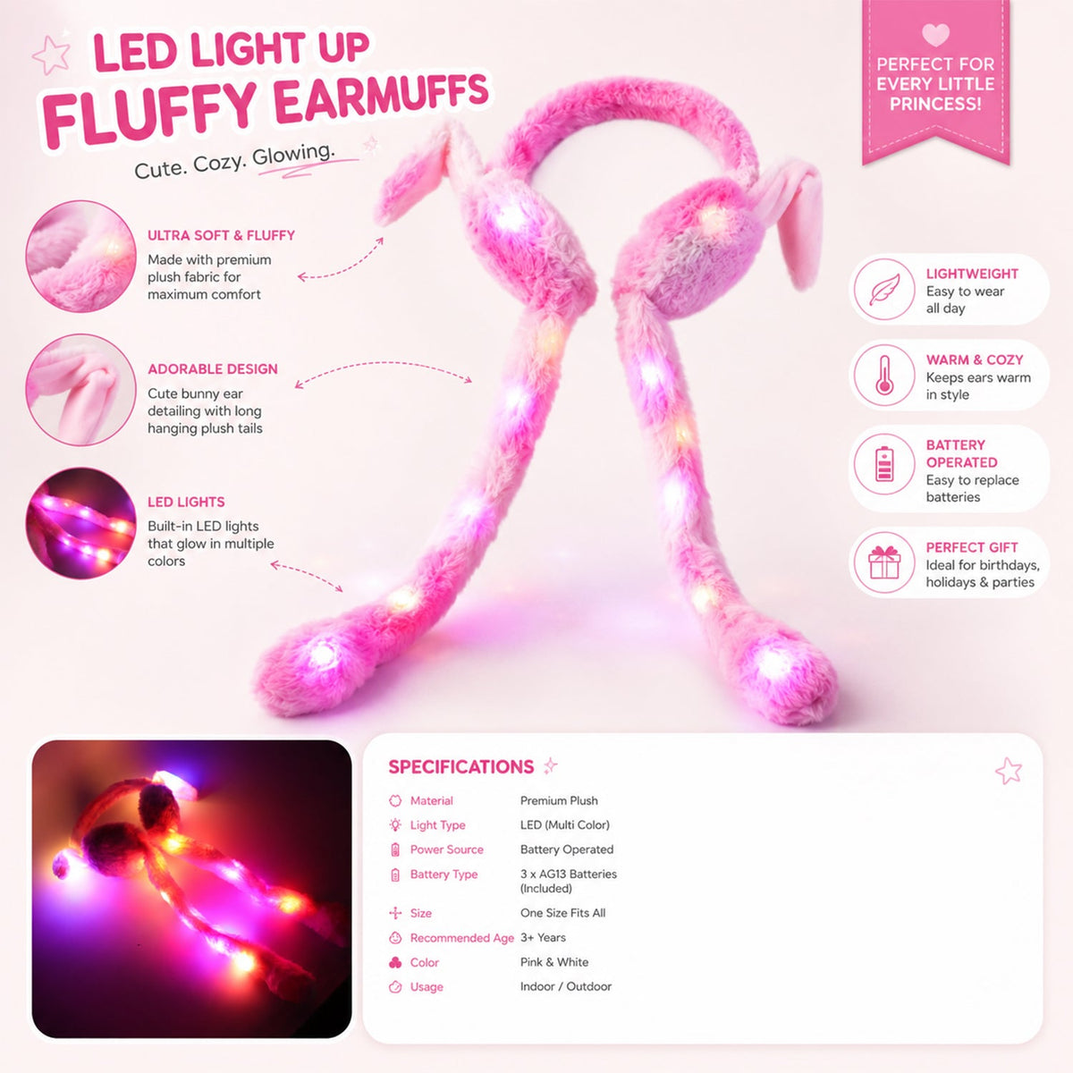 Product infographic detailing features of LED light-up fluffy earmuffs, including softness, bunny design, LED lights, 