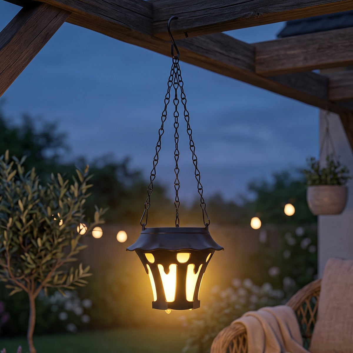 Outdoor solar hanging lantern glowing under pergola