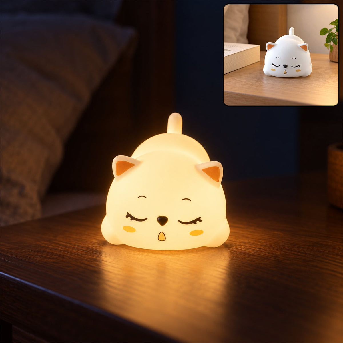 Cute sleeping cat night light with warm glow