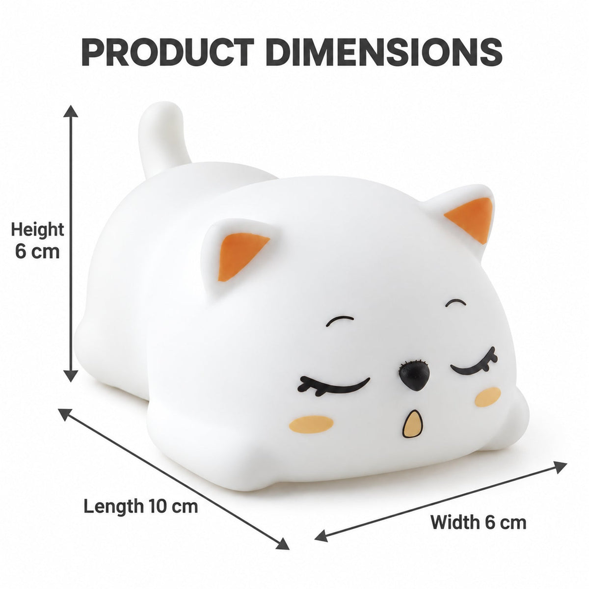 Sleeping cat night light with size reference