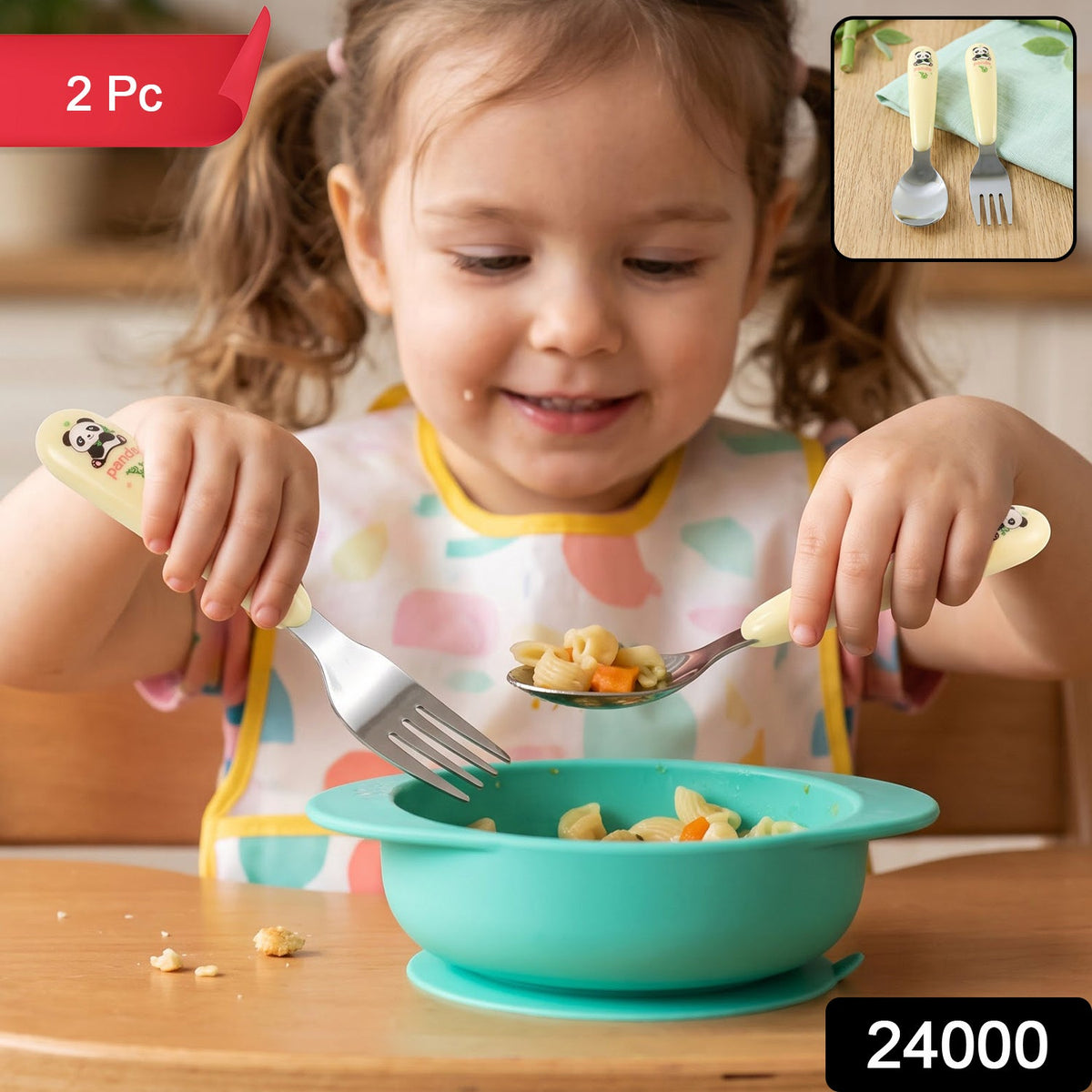 A young girl in a bib holds a panda-handled fork and spoon, eating pasta from a teal bowl, with a "2 Pc" label.