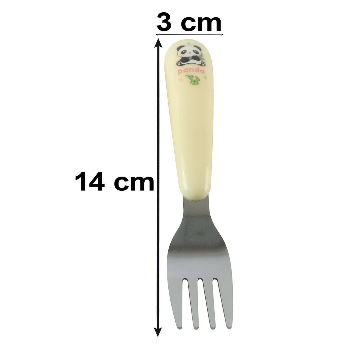 A yellow and silver panda-themed fork is shown with measurements of 14 cm length and 3 cm width.