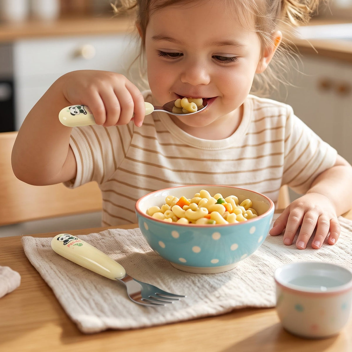 A smiling child eats pasta from a blue polka-dotted bowl with a yellow panda spoon, a fork nearby.