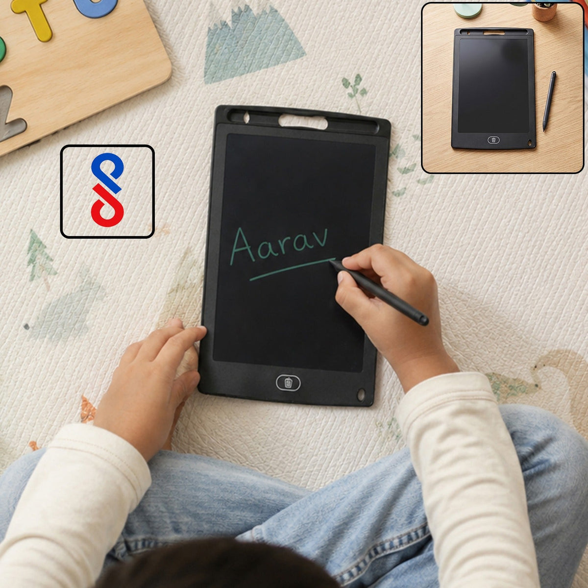 A child sits cross-legged on a patterned mat, writing "Aarav" in green on a black LCD tablet with a stylus.