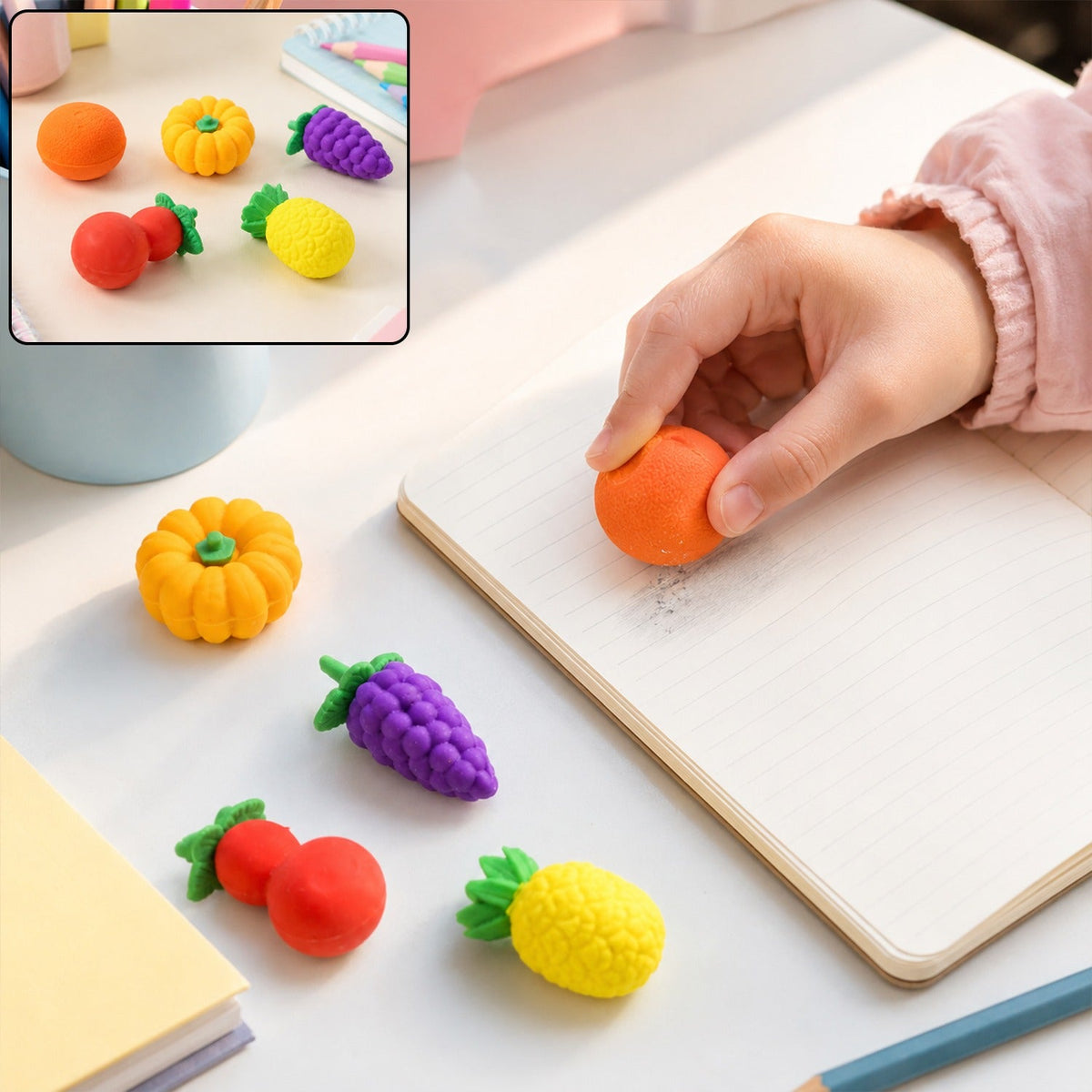 A hand holds an orange fruit-shaped eraser over a notebook, surrounded by other fruit erasers.