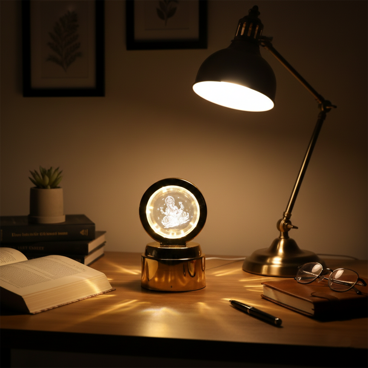 A golden-based Ganpati 3D crystal light illuminates a desk with books, a pen, glasses, and a dark task lamp.