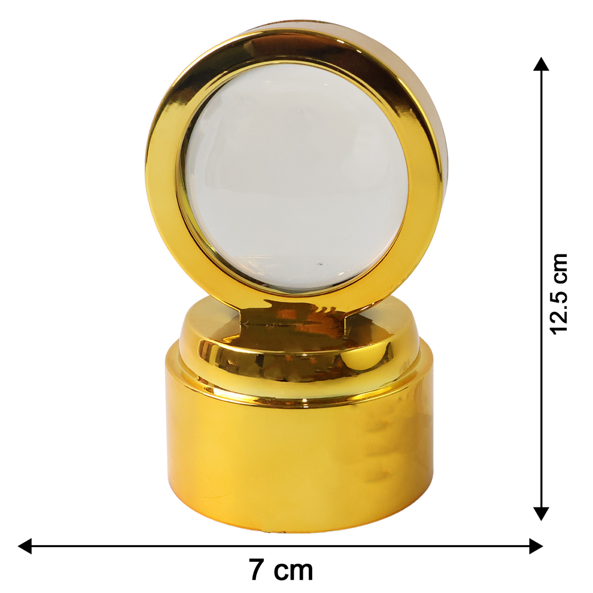 A golden stand with a clear crystal ball, unlit, with dimensions of 12.5 cm height and 7 cm width indicated.