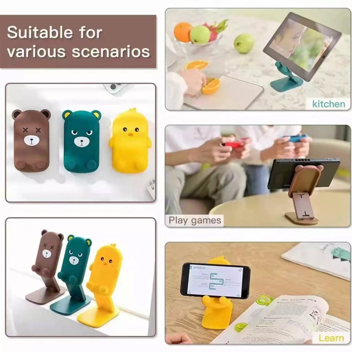 A collage shows various uses for the cartoon phone stands, including in the kitchen, for gaming, and studying.
