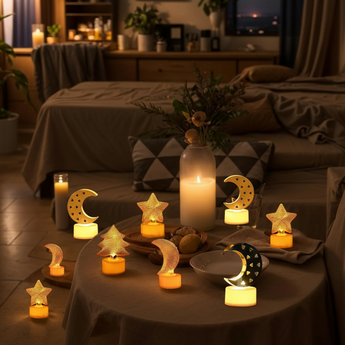 A variety of LED tea lights including moons, stars, and a Christmas tree, arranged on a table in a dimly lit living room.