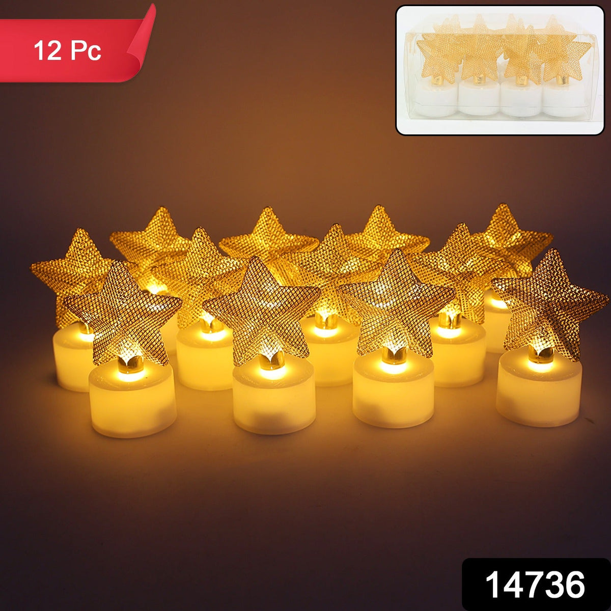 Twelve LED tealights with golden mesh stars, glowing in a dark setting, with a '12 Pc' label.