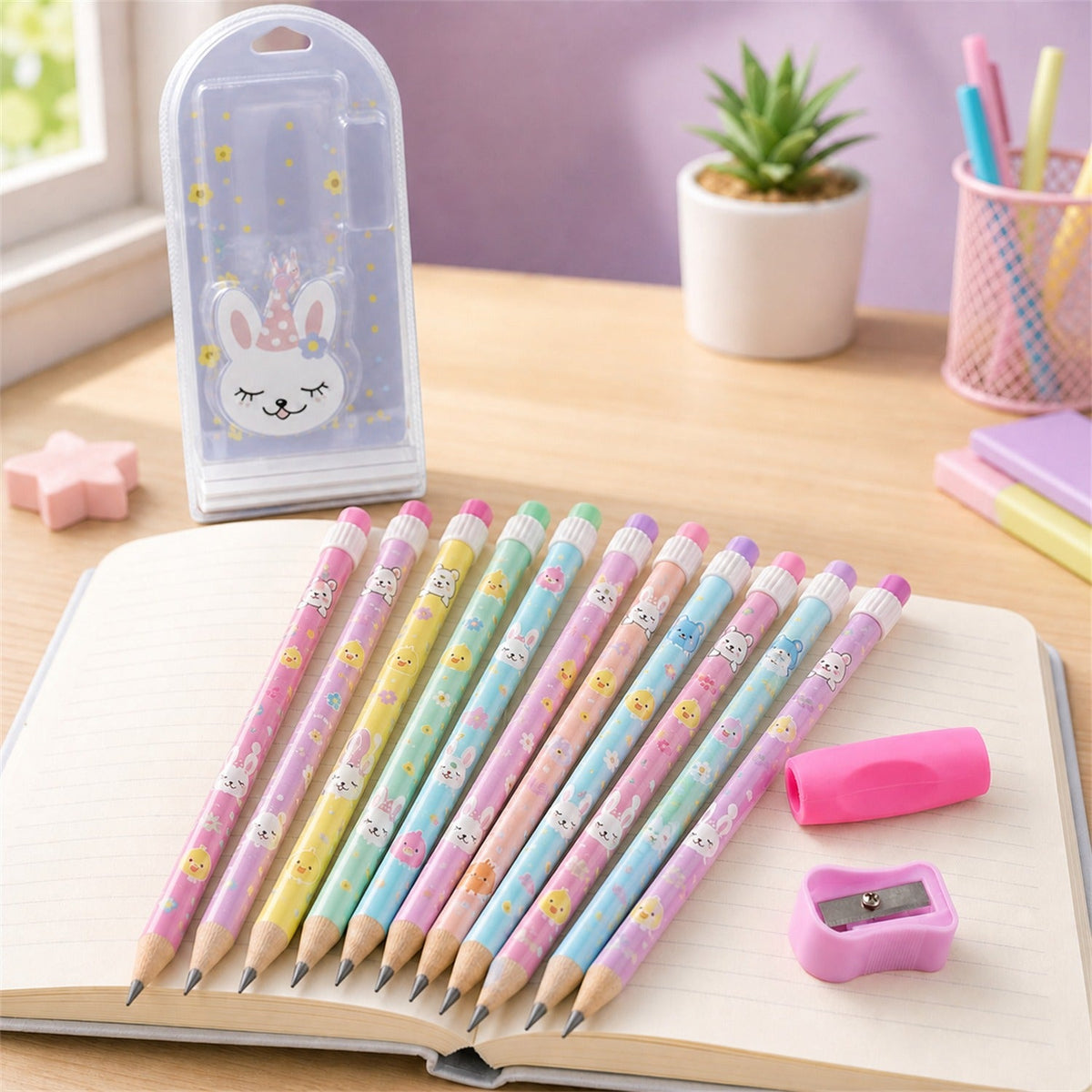 Twelve pastel pencils with bunny designs, a pink eraser, and a pink sharpener are arranged on a notebook next to a clear