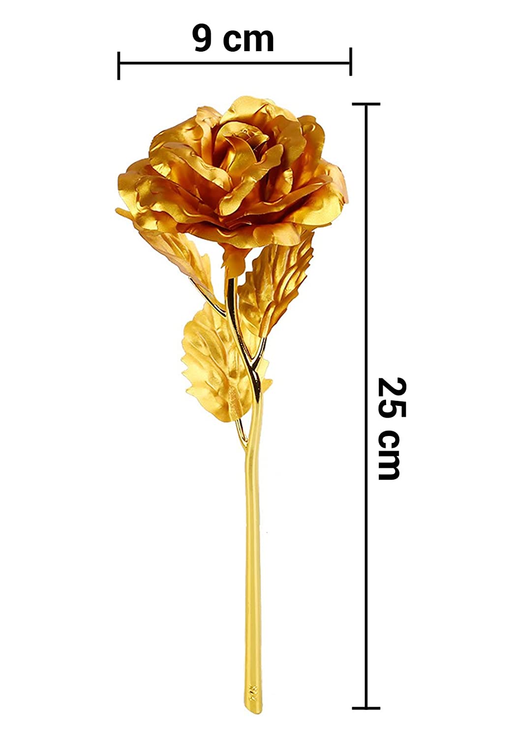 A gold-plated rose with dimensions indicated: 9 cm width and 25 cm height on a white background.