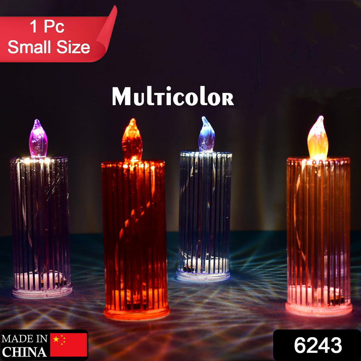Four small LED crystal candles in purple, red, blue, and orange, with text overlays indicating "1 Pc Small Size" and