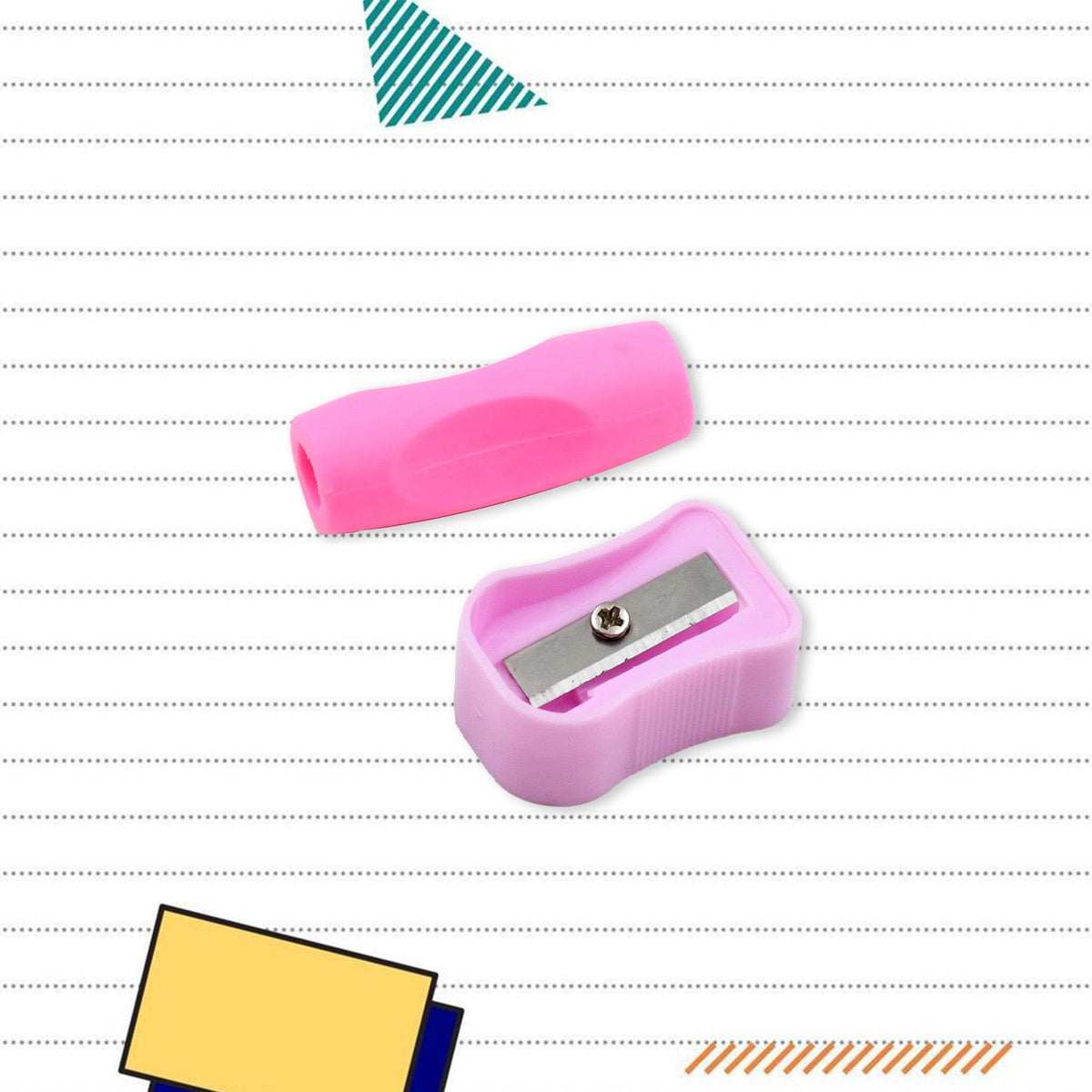 A pink eraser and a pink pencil sharpener with a silver blade are displayed on a white background with dashed lines.