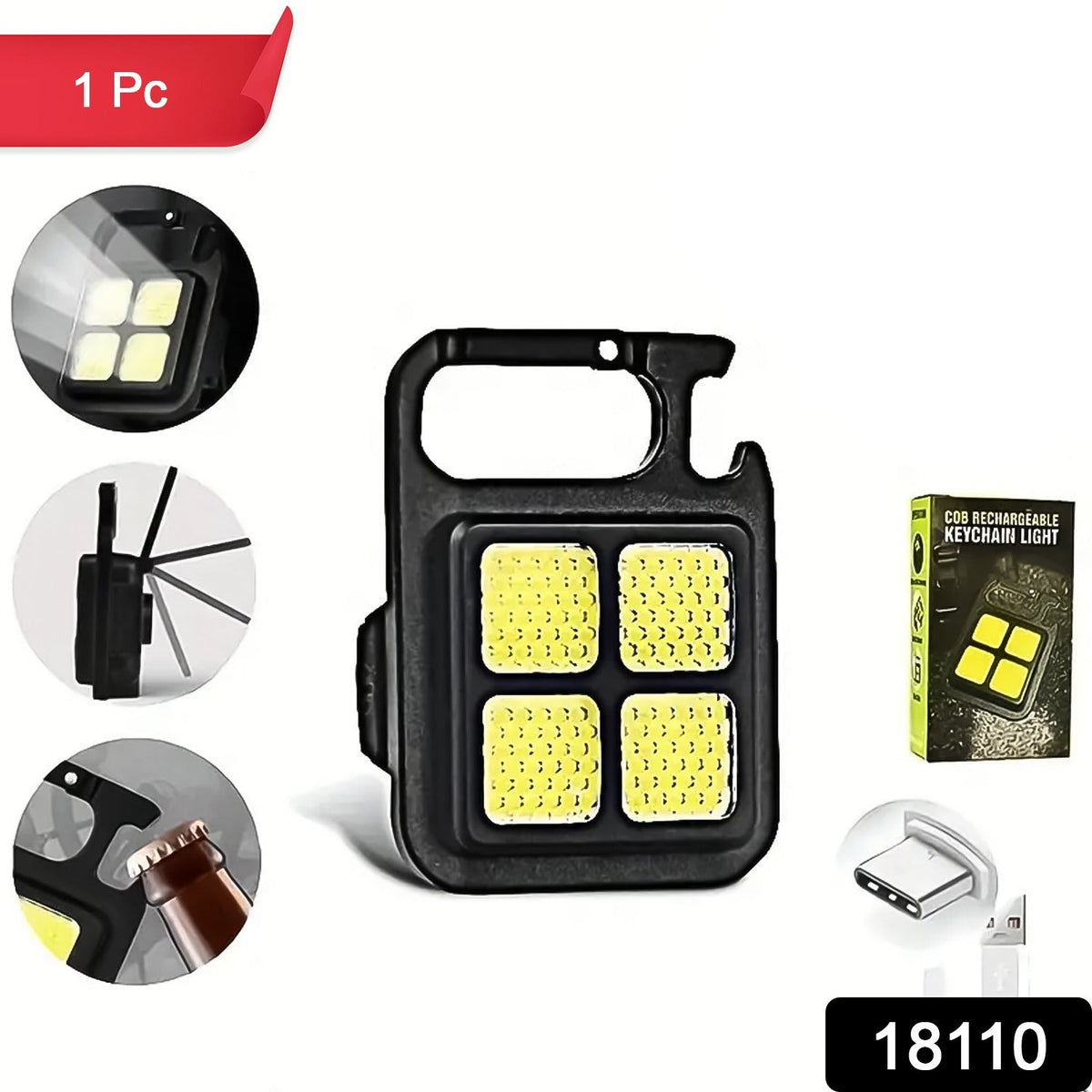 A black mini LED keychain light with four bright yellow LED squares, a carabiner clip, and a bottle opener, with '1 Pc' and