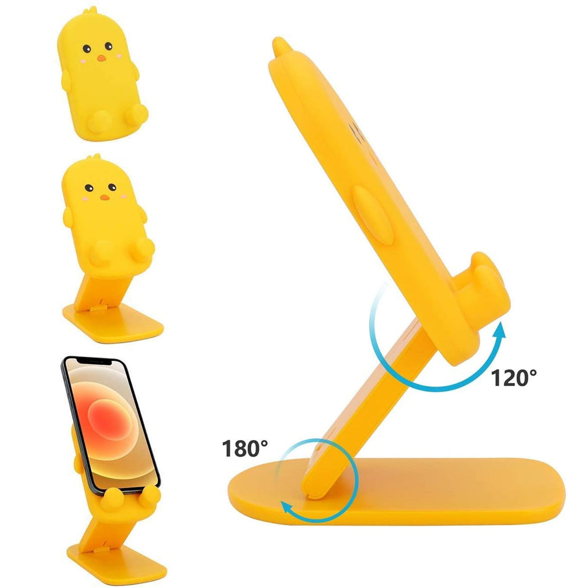 A yellow cartoon duck phone stand shows its 120 and 180-degree adjustability, with two smaller views of the stand.