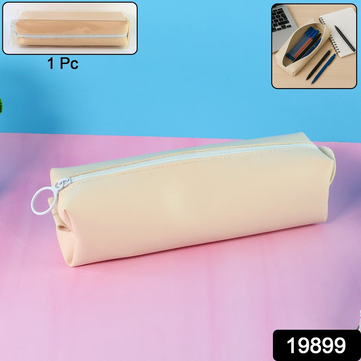 Beige pencil case with white zipper on a pink and blue background, with two inset images.