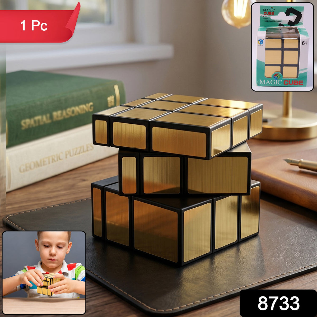 A gold mirror cube puzzle on a desk with books and a lamp, featuring a "1 Pc" label and a product code "8733" in the bottom
