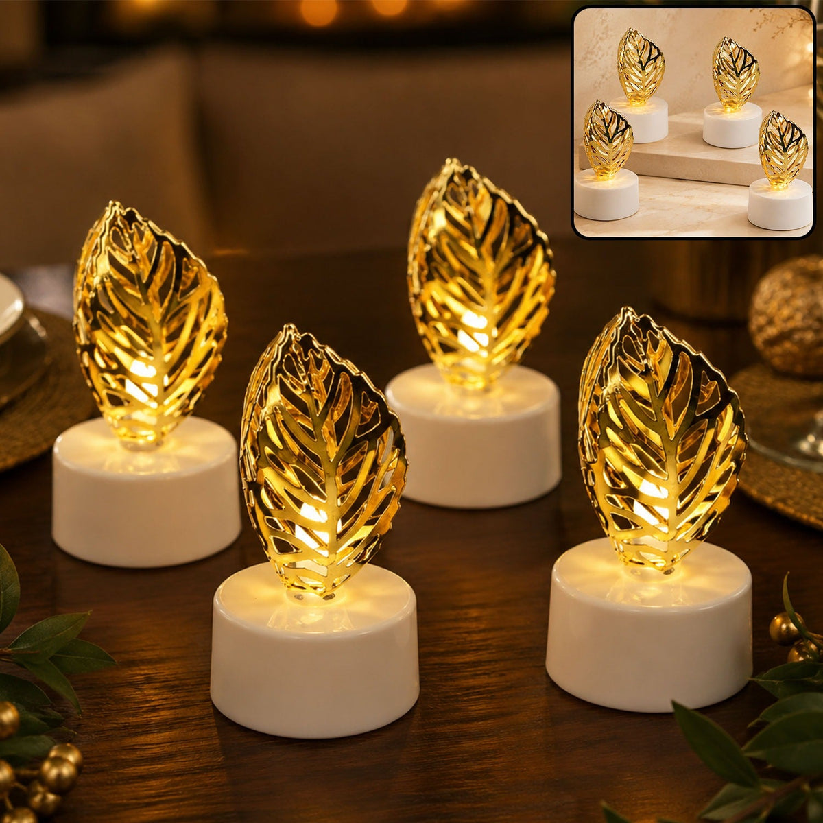 Four golden leaf LED candles illuminate a wooden table with blurred background decor.