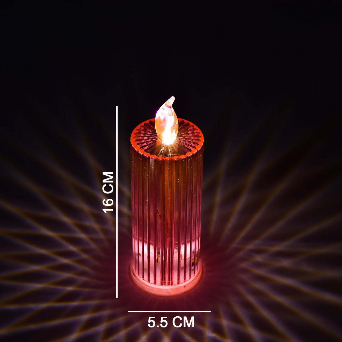 A single red LED crystal candle with dimensions of 16 cm height and 5.5 cm width, casting light patterns.