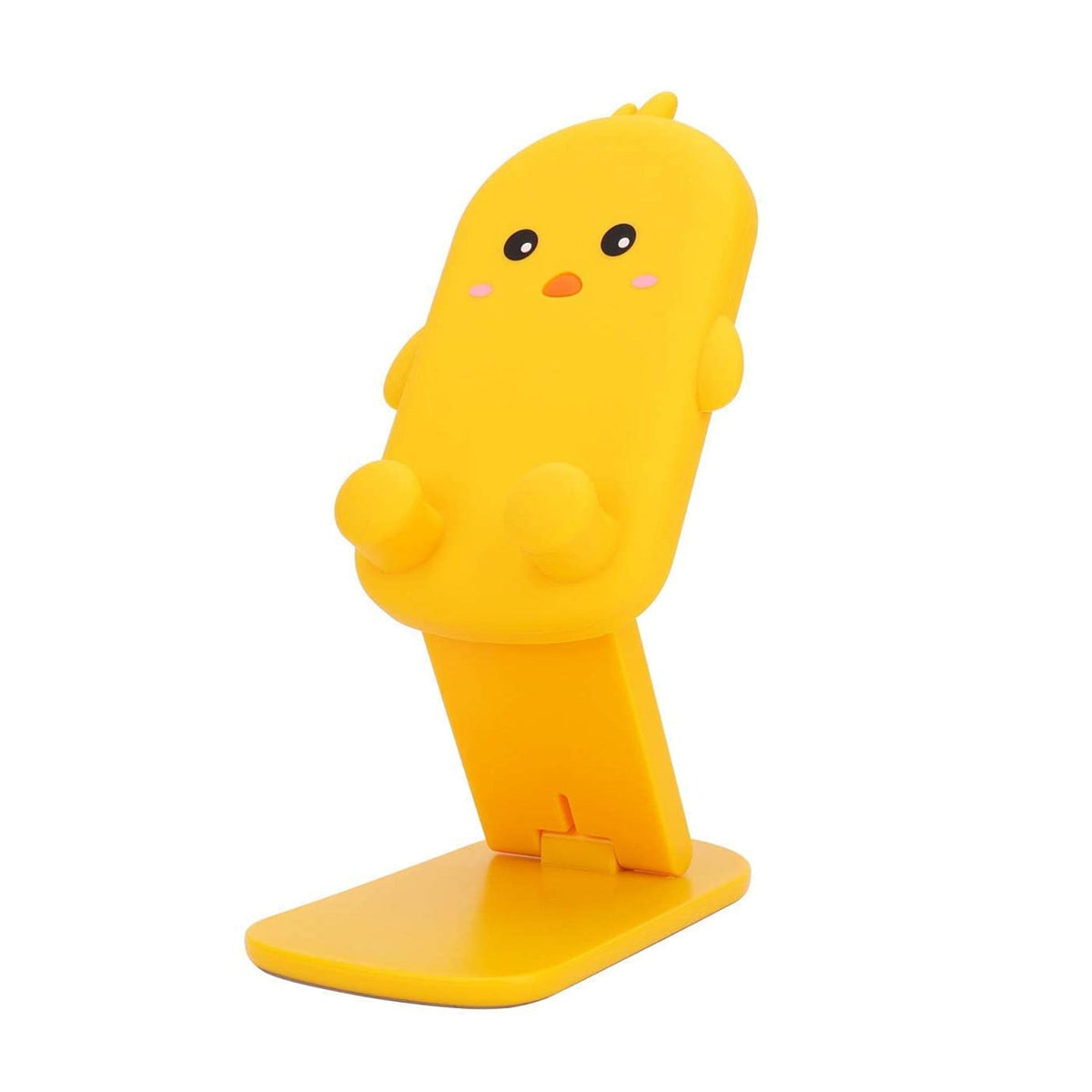 A yellow cartoon duck phone stand with a foldable base is shown on a white background.