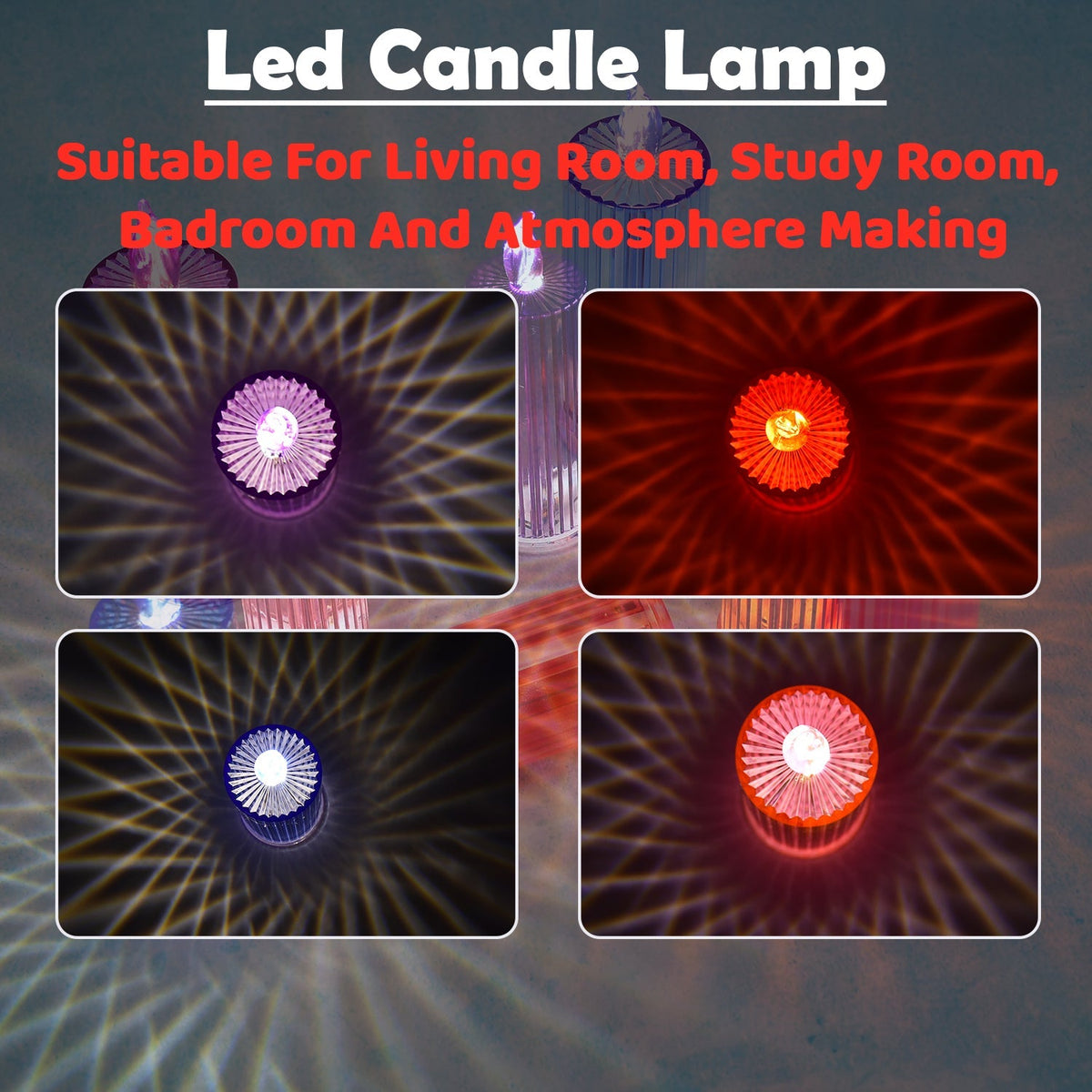 A grid of four close-up views of LED crystal candles in different colors, showing their swirling light patterns.