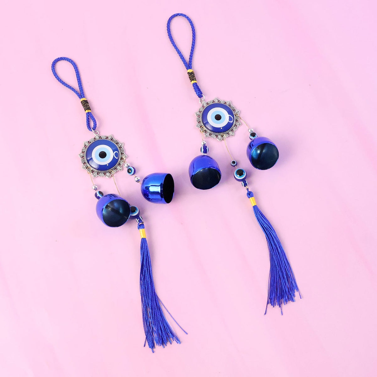 Evil Eye Wind Chime with Bells and Tassels for Home Decor (2 Pc Set)