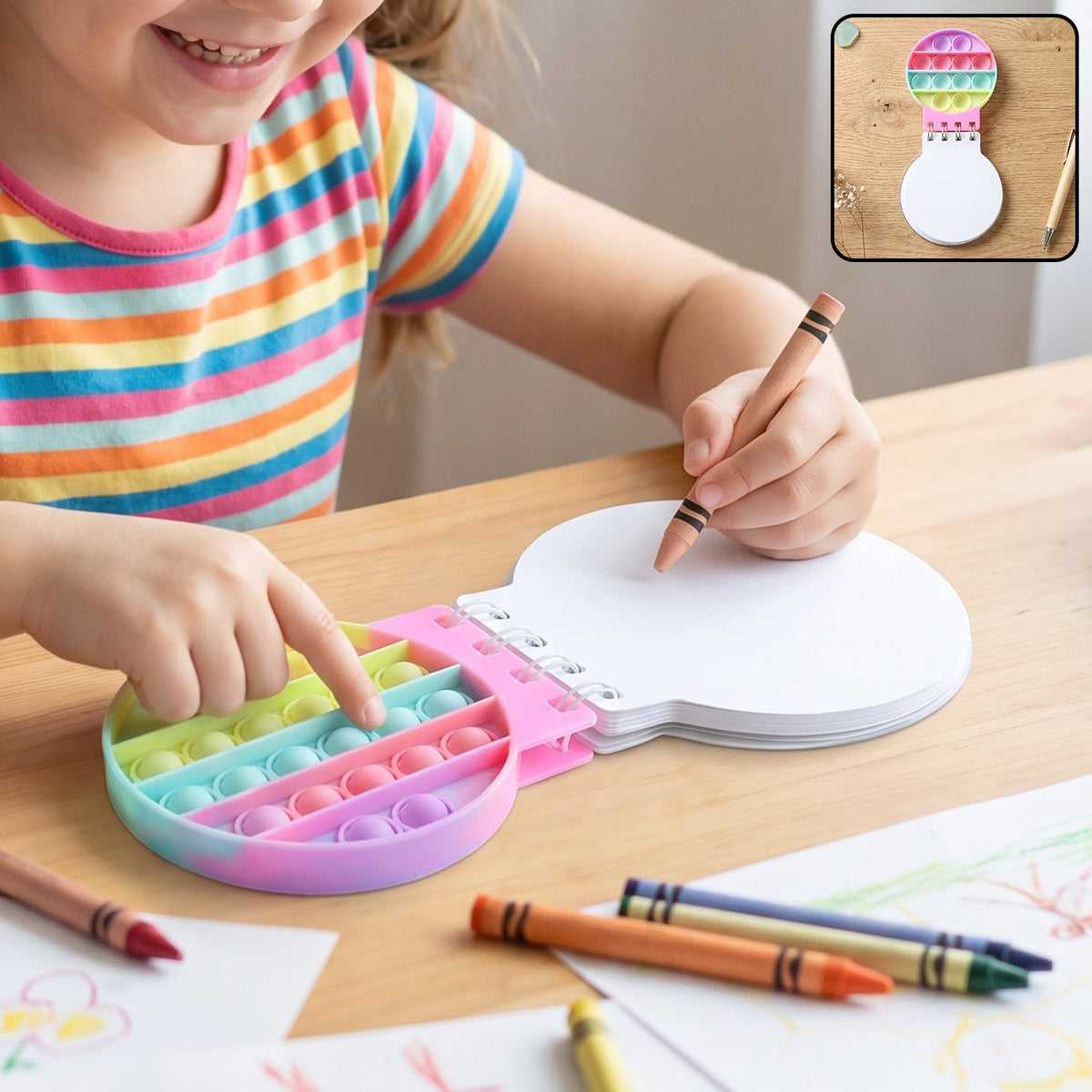 A child's hands interact with a rainbow pop-it fidget notebook, one hand pressing bubbles, the other holding a crayon.