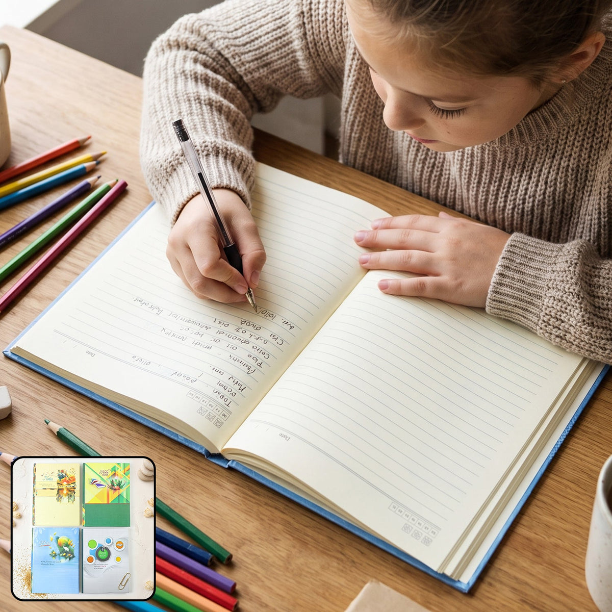 A young girl in a beige sweater writes in a blue hardbound ruled diary with a black pen on a wooden desk.