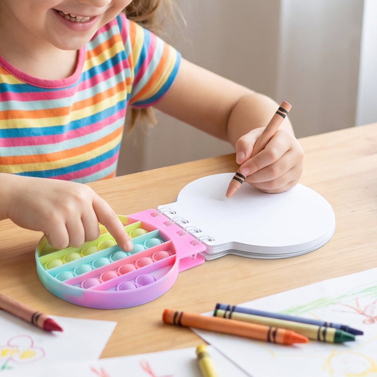 A child's hands interact with a rainbow pop-it fidget notebook, one hand pressing bubbles, the other holding a – view 3