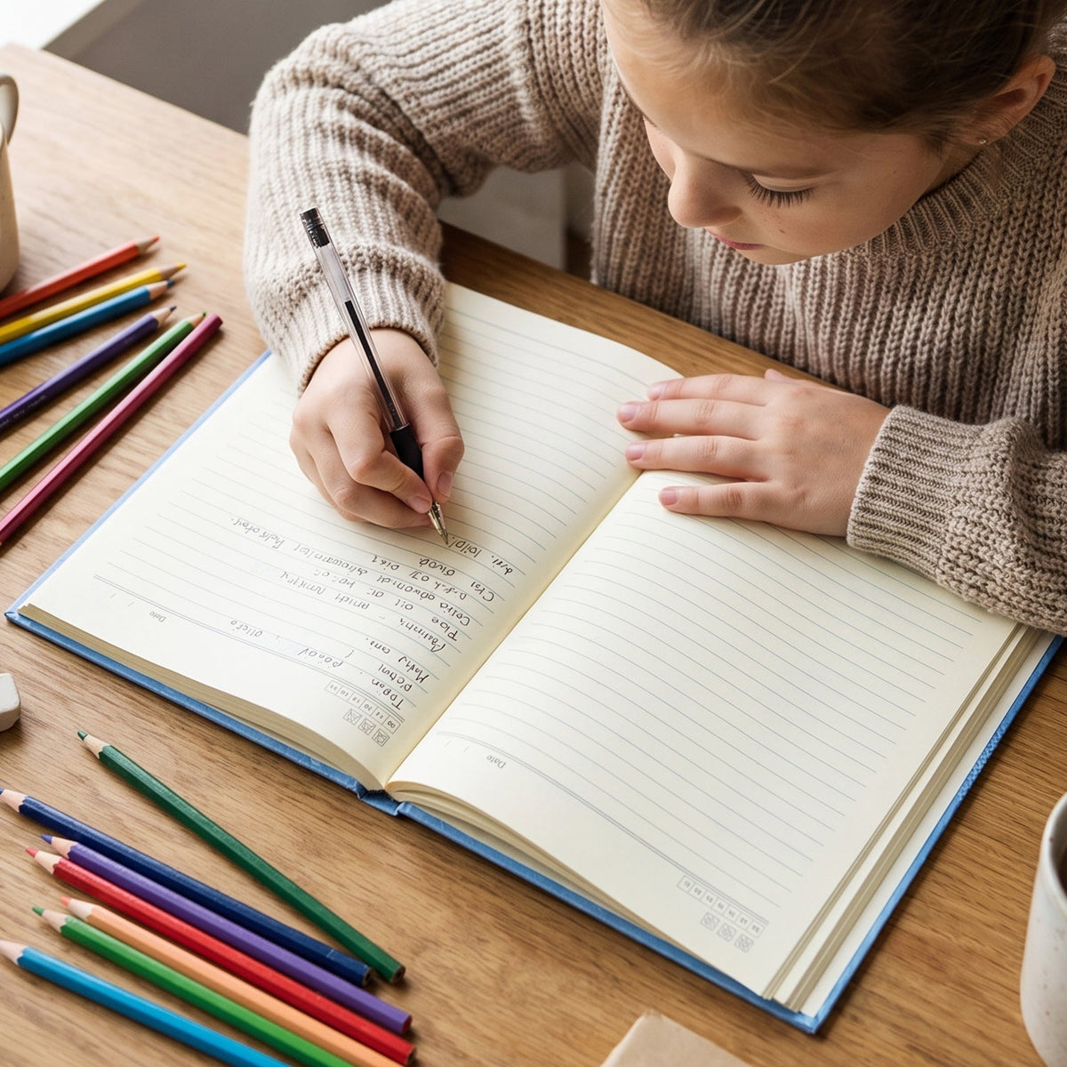 A young girl in a beige sweater writes in a blue hardbound ruled diary with a black pen, surrounded by colorful pencils on a