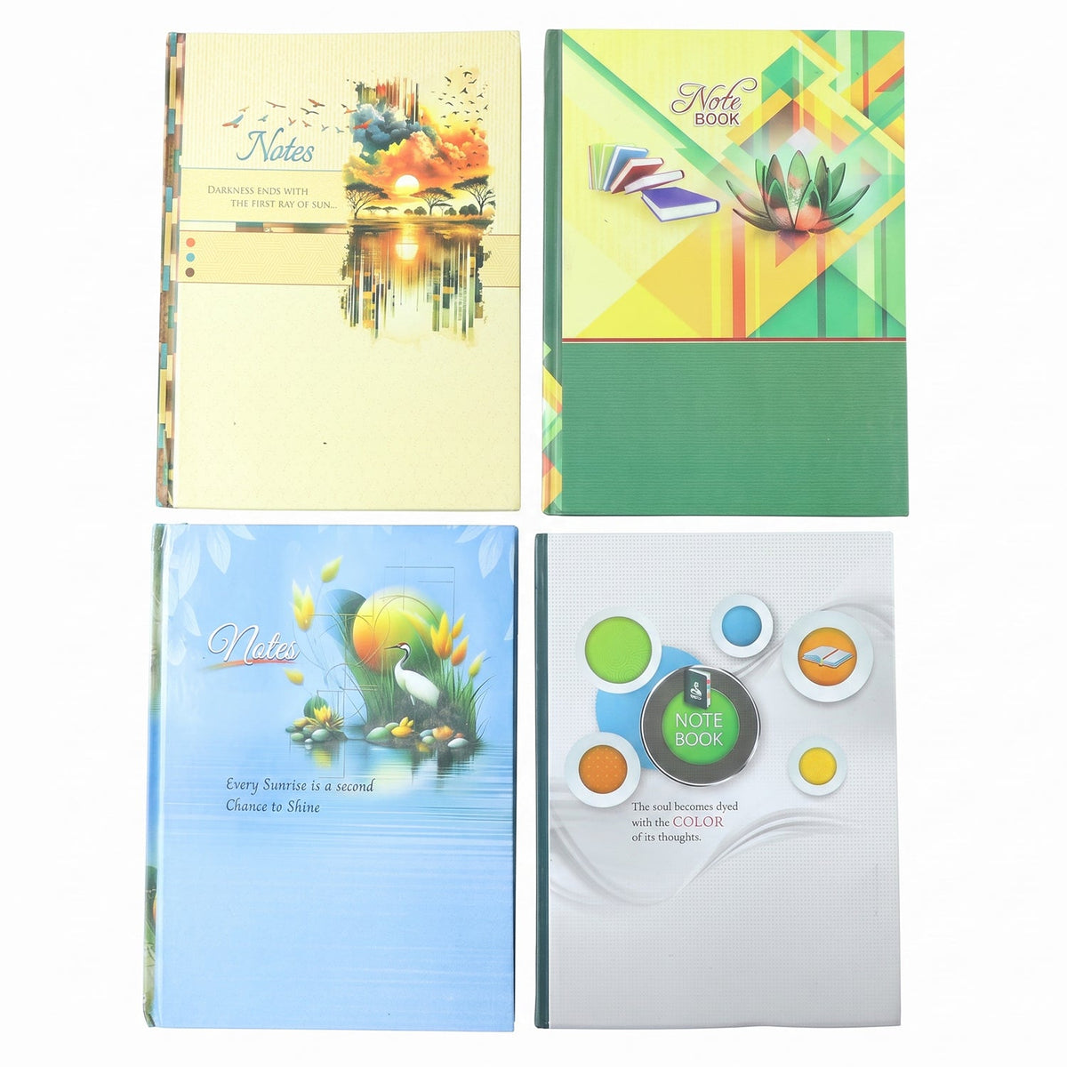Four different hardbound ruled notebooks with colorful covers featuring nature scenes and abstract designs.