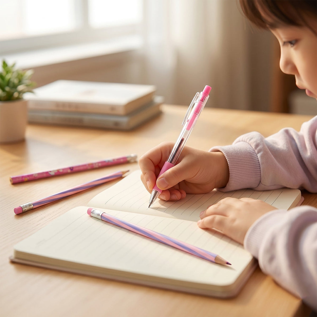 A close-up of a young girl's hands writing in a notebook with a pink pen, with other stationery items nearby.